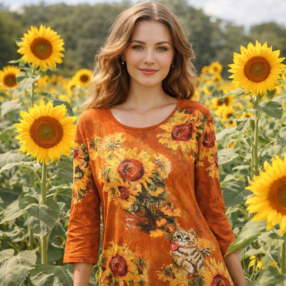 ENDLESS DESIGNS Top Womens Large Orange Cat Sunflower Rhinestone Cottagecore
